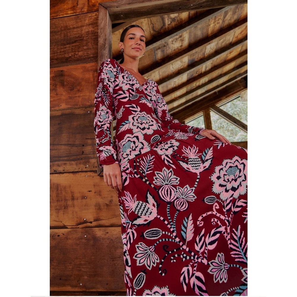 Farm Rio pineapple inspiration burgundy maxi dress